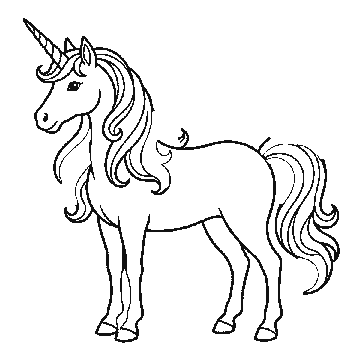 Passo 5 di 6: Scheda di disegno passo passo: un unicorno in piedi di profilo, con un occhio rotondo e la pupilla piena, un singolo corno a spirale, una criniera fluente e una coda fluente, contorni neri su bianco.