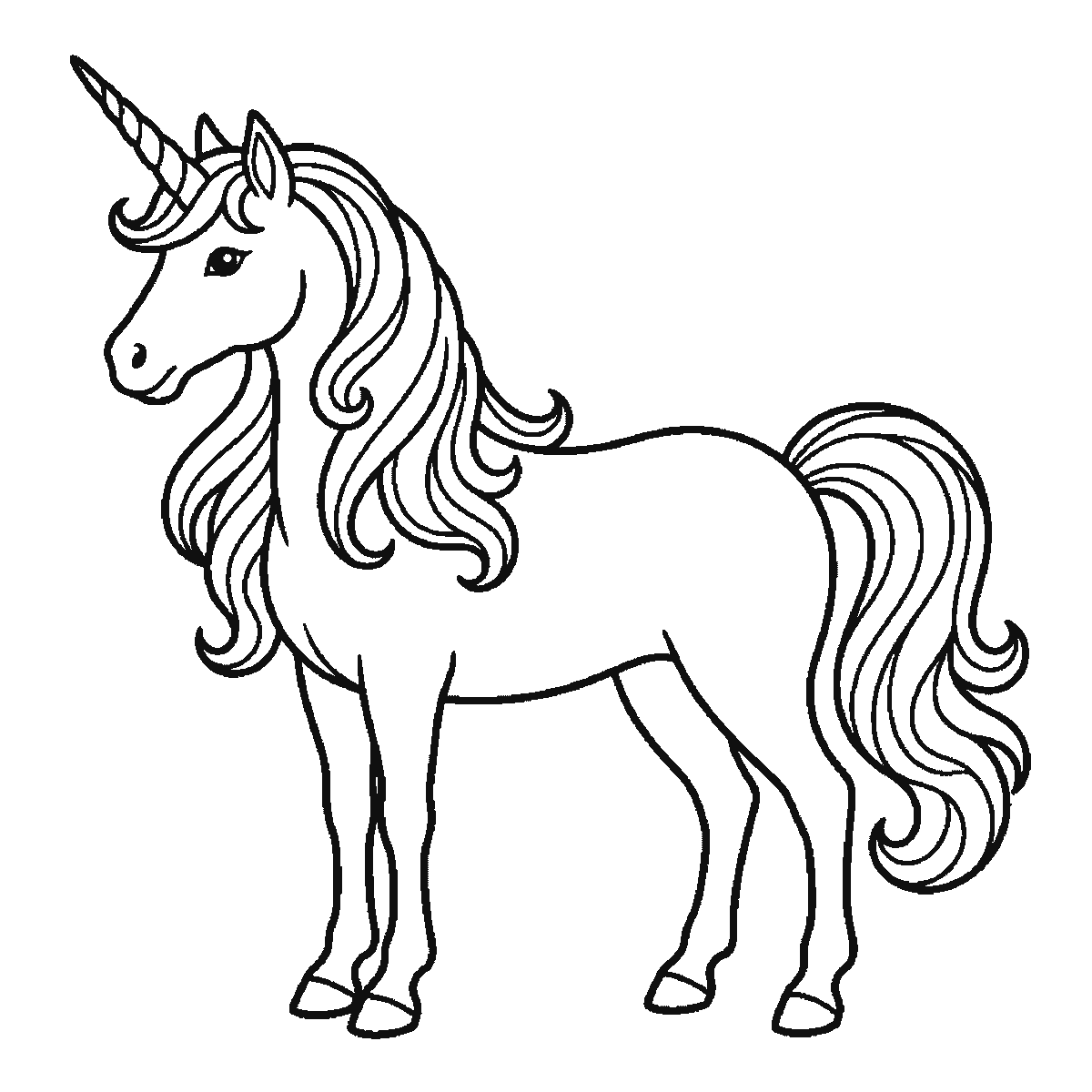 Passo 6 di 6: Scheda di disegno passo passo: un unicorno in piedi di profilo, con un occhio rotondo e la pupilla piena, un singolo corno a spirale, una criniera fluente e una coda fluente, contorni neri su bianco.