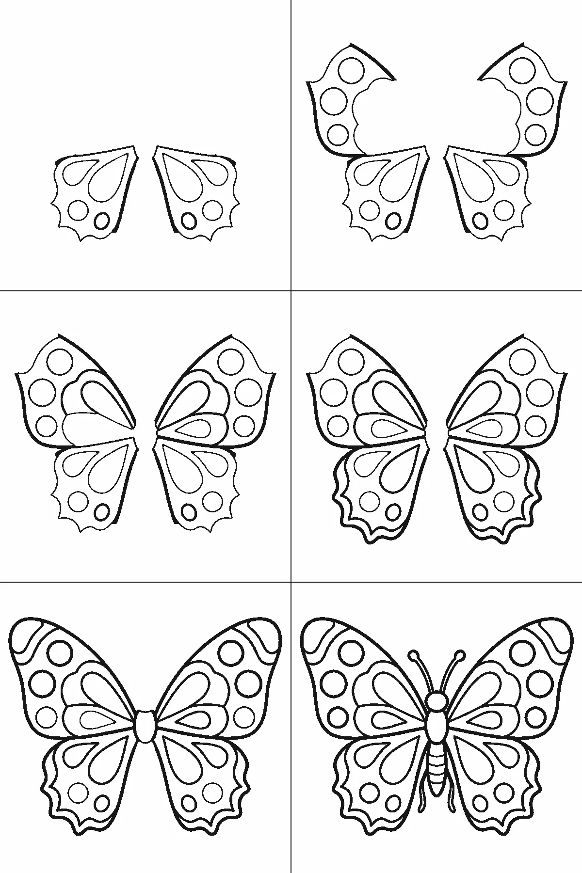 Scheda di disegno passo passo: una farfalla vista dall'alto con le ali simmetriche completamente aperte, decorate con cerchi e forme semplici, una testa a piccolo pallino tondo priva di occhi o bocca, e due antenne, contorni neri su bianco.
