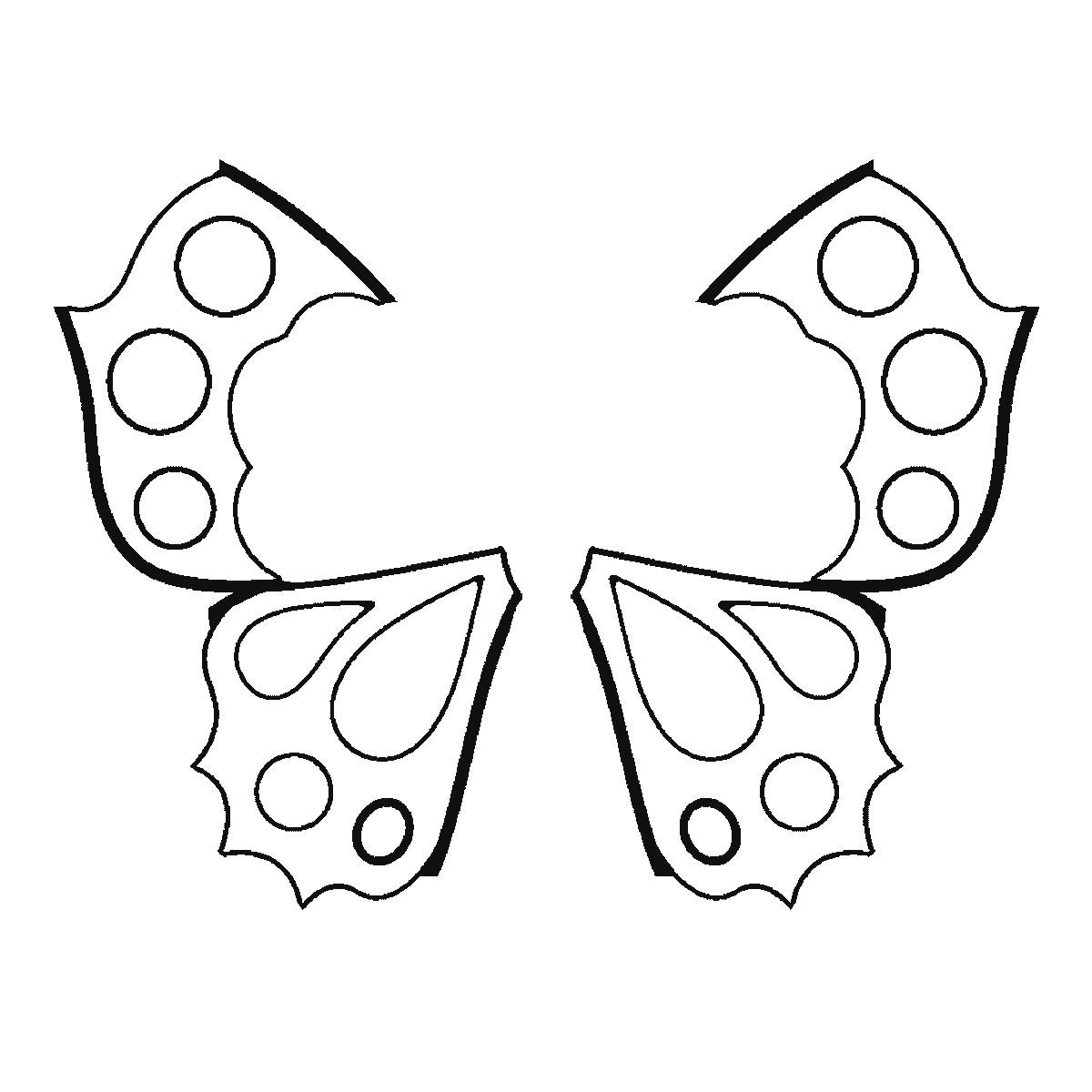 Passo 2 di 6: Scheda di disegno passo passo: una farfalla vista dall'alto con le ali simmetriche completamente aperte, decorate con cerchi e forme semplici, una testa a piccolo pallino tondo priva di occhi o bocca, e due antenne, contorni neri su bianco.