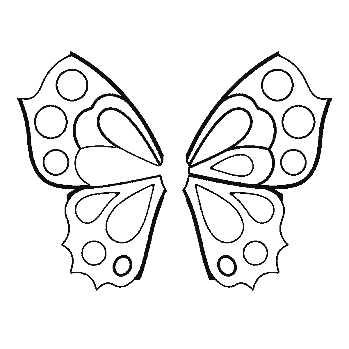 Passo 3 di 6: Scheda di disegno passo passo: una farfalla vista dall'alto con le ali simmetriche completamente aperte, decorate con cerchi e forme semplici, una testa a piccolo pallino tondo priva di occhi o bocca, e due antenne, contorni neri su bianco.