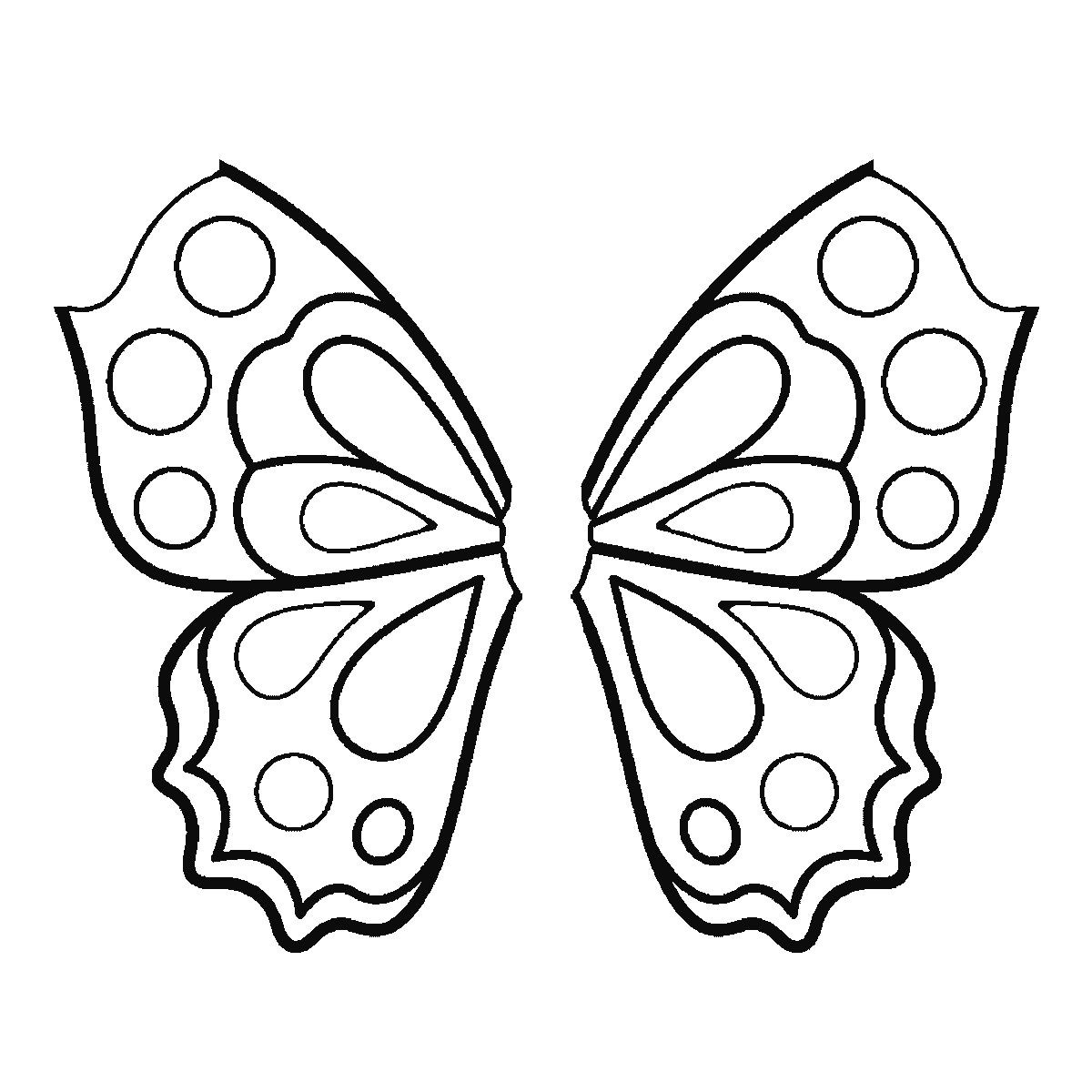 Passo 4 di 6: Scheda di disegno passo passo: una farfalla vista dall'alto con le ali simmetriche completamente aperte, decorate con cerchi e forme semplici, una testa a piccolo pallino tondo priva di occhi o bocca, e due antenne, contorni neri su bianco.