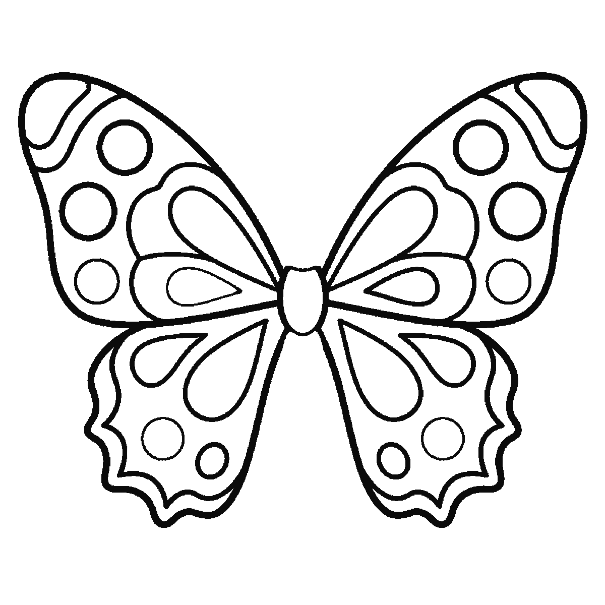Passo 5 di 6: Scheda di disegno passo passo: una farfalla vista dall'alto con le ali simmetriche completamente aperte, decorate con cerchi e forme semplici, una testa a piccolo pallino tondo priva di occhi o bocca, e due antenne, contorni neri su bianco.