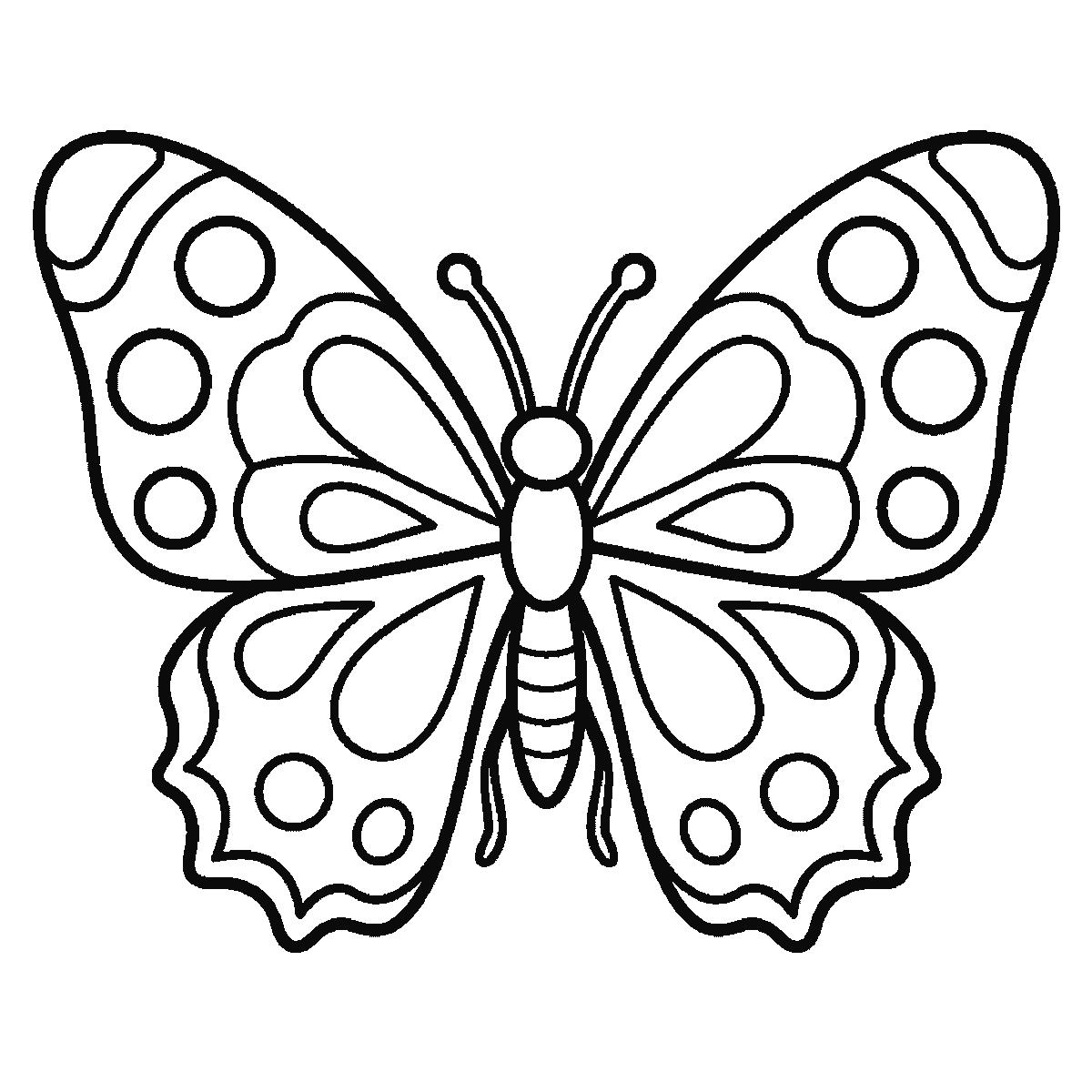 Passo 6 di 6: Scheda di disegno passo passo: una farfalla vista dall'alto con le ali simmetriche completamente aperte, decorate con cerchi e forme semplici, una testa a piccolo pallino tondo priva di occhi o bocca, e due antenne, contorni neri su bianco.