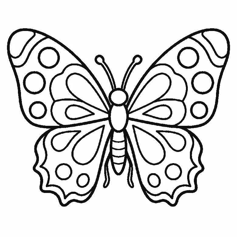 Scheda di disegno passo passo: una farfalla vista dall'alto con le ali simmetriche completamente aperte, decorate con cerchi e forme semplici, una testa a piccolo pallino tondo priva di occhi o bocca, e due antenne, contorni neri su bianco.