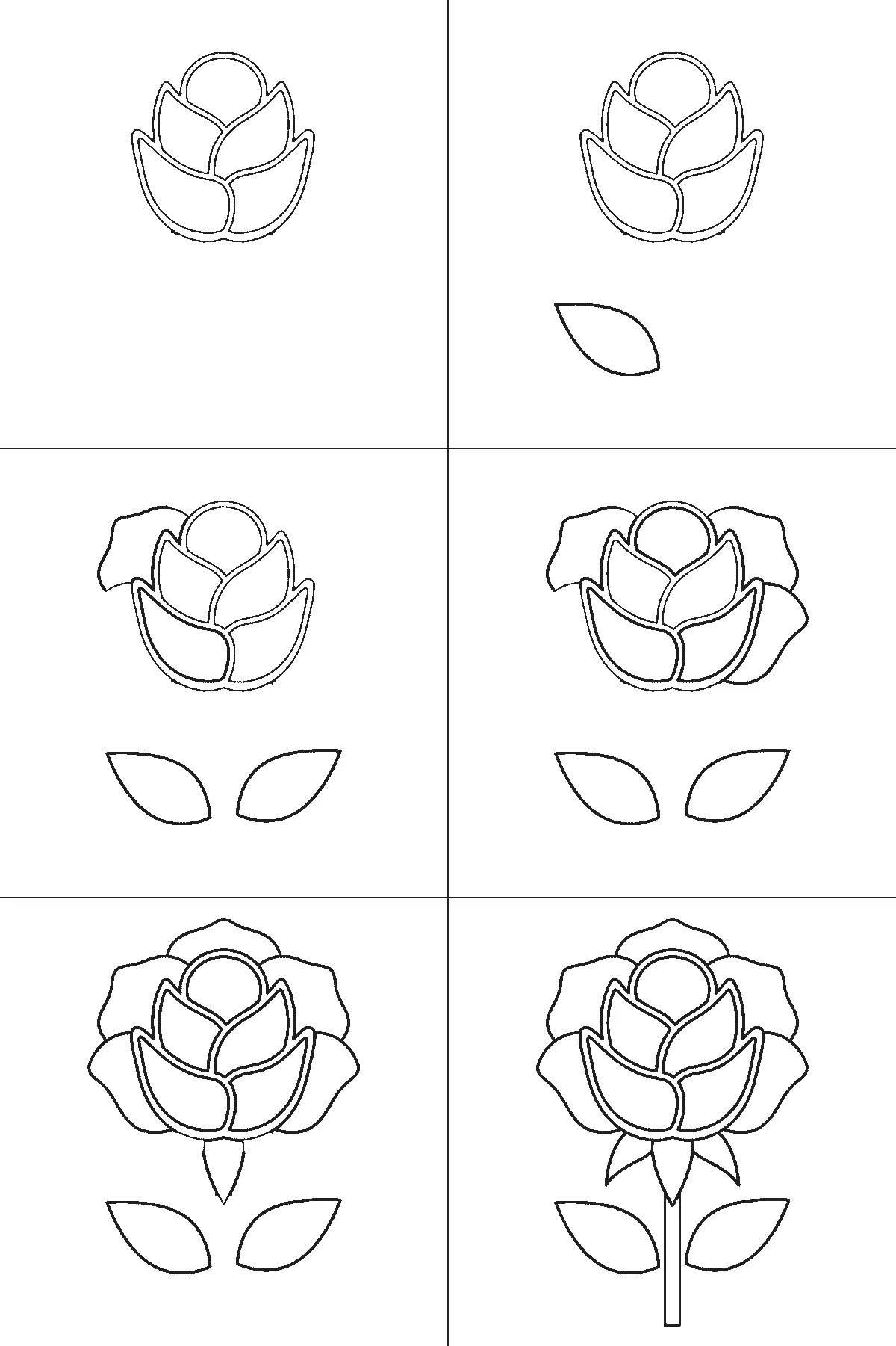 Scheda di disegno passo passo: una rosa sbocciata su uno stelo dritto, con un piccolo bocciolo centrale rotondo, i petali disposti a strati intorno ad esso, un calice sotto il fiore e due foglie appuntite alla base dello stelo, contorni neri su bianco.