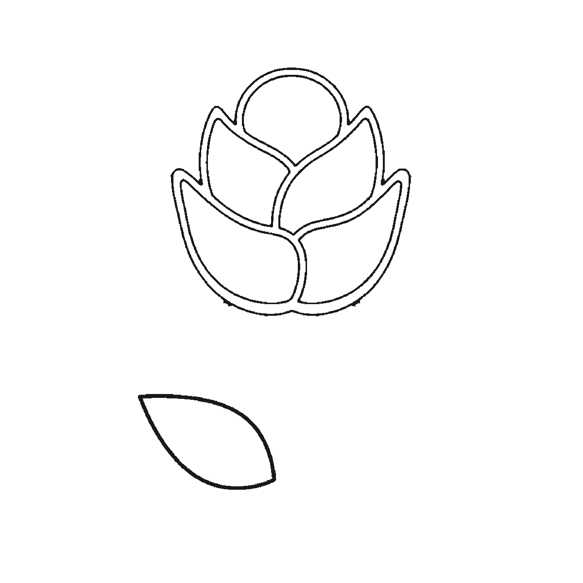 Passo 2 di 6: Scheda di disegno passo passo: una rosa sbocciata su uno stelo dritto, con un piccolo bocciolo centrale rotondo, i petali disposti a strati intorno ad esso, un calice sotto il fiore e due foglie appuntite alla base dello stelo, contorni neri su bianco.