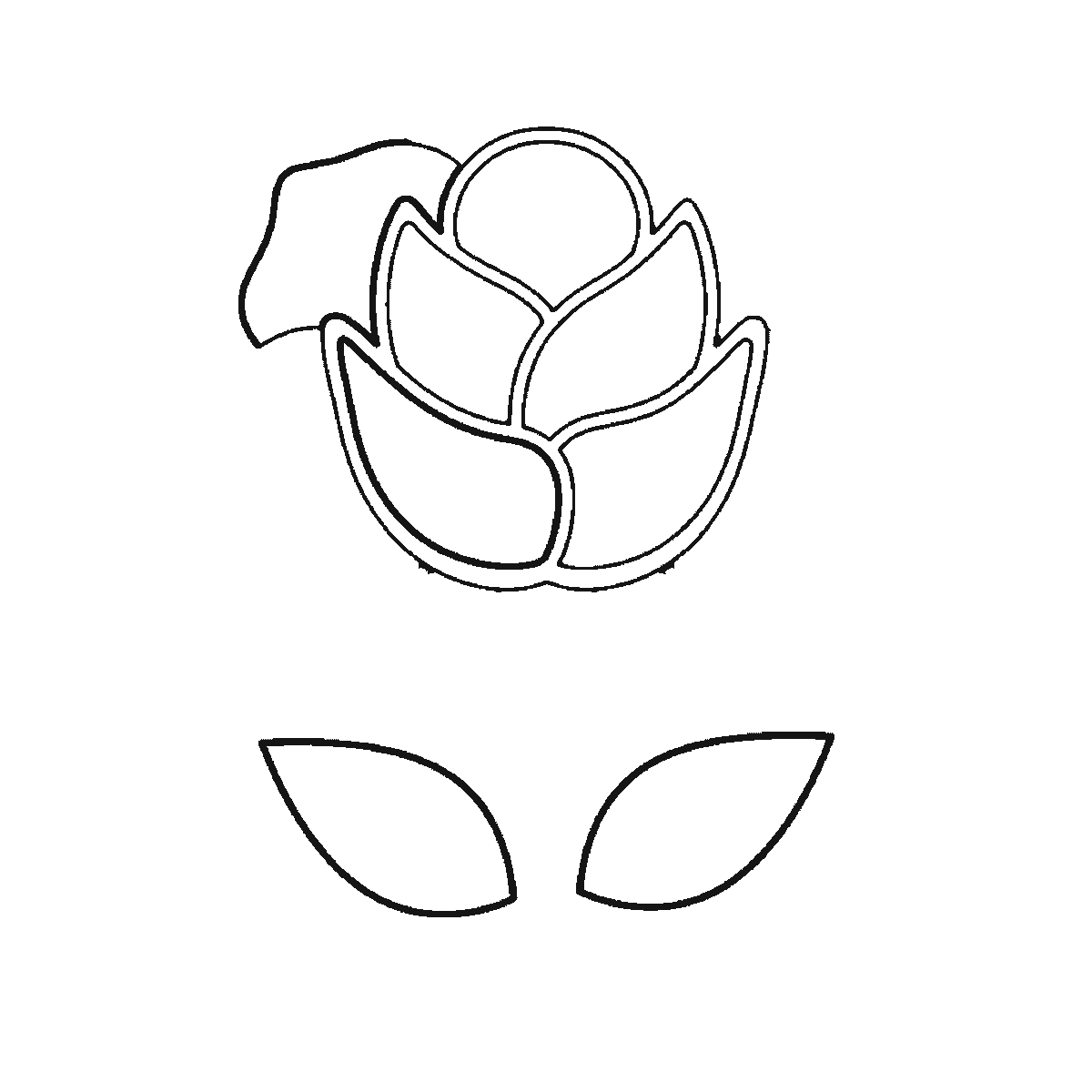 Passo 3 di 6: Scheda di disegno passo passo: una rosa sbocciata su uno stelo dritto, con un piccolo bocciolo centrale rotondo, i petali disposti a strati intorno ad esso, un calice sotto il fiore e due foglie appuntite alla base dello stelo, contorni neri su bianco.