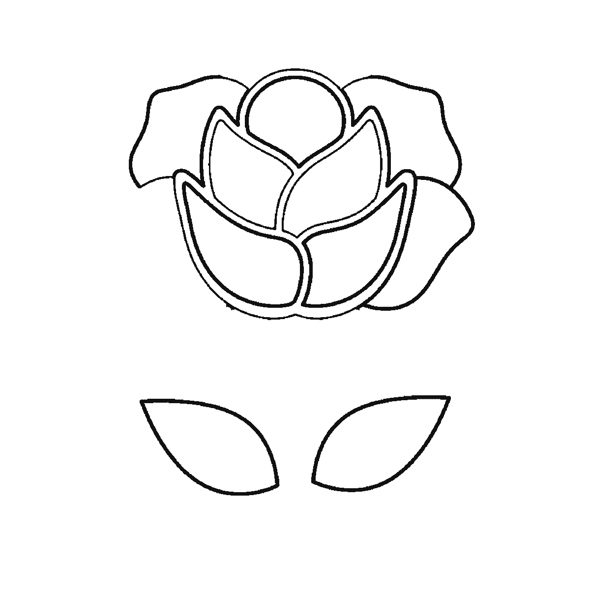 Passo 4 di 6: Scheda di disegno passo passo: una rosa sbocciata su uno stelo dritto, con un piccolo bocciolo centrale rotondo, i petali disposti a strati intorno ad esso, un calice sotto il fiore e due foglie appuntite alla base dello stelo, contorni neri su bianco.