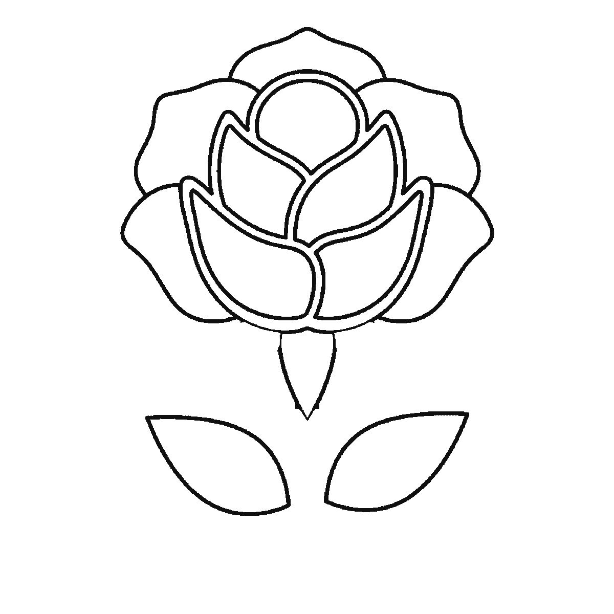 Passo 5 di 6: Scheda di disegno passo passo: una rosa sbocciata su uno stelo dritto, con un piccolo bocciolo centrale rotondo, i petali disposti a strati intorno ad esso, un calice sotto il fiore e due foglie appuntite alla base dello stelo, contorni neri su bianco.