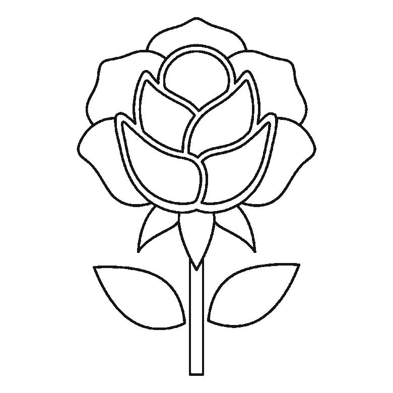 Scheda di disegno passo passo: una rosa sbocciata su uno stelo dritto, con un piccolo bocciolo centrale rotondo, i petali disposti a strati intorno ad esso, un calice sotto il fiore e due foglie appuntite alla base dello stelo, contorni neri su bianco.