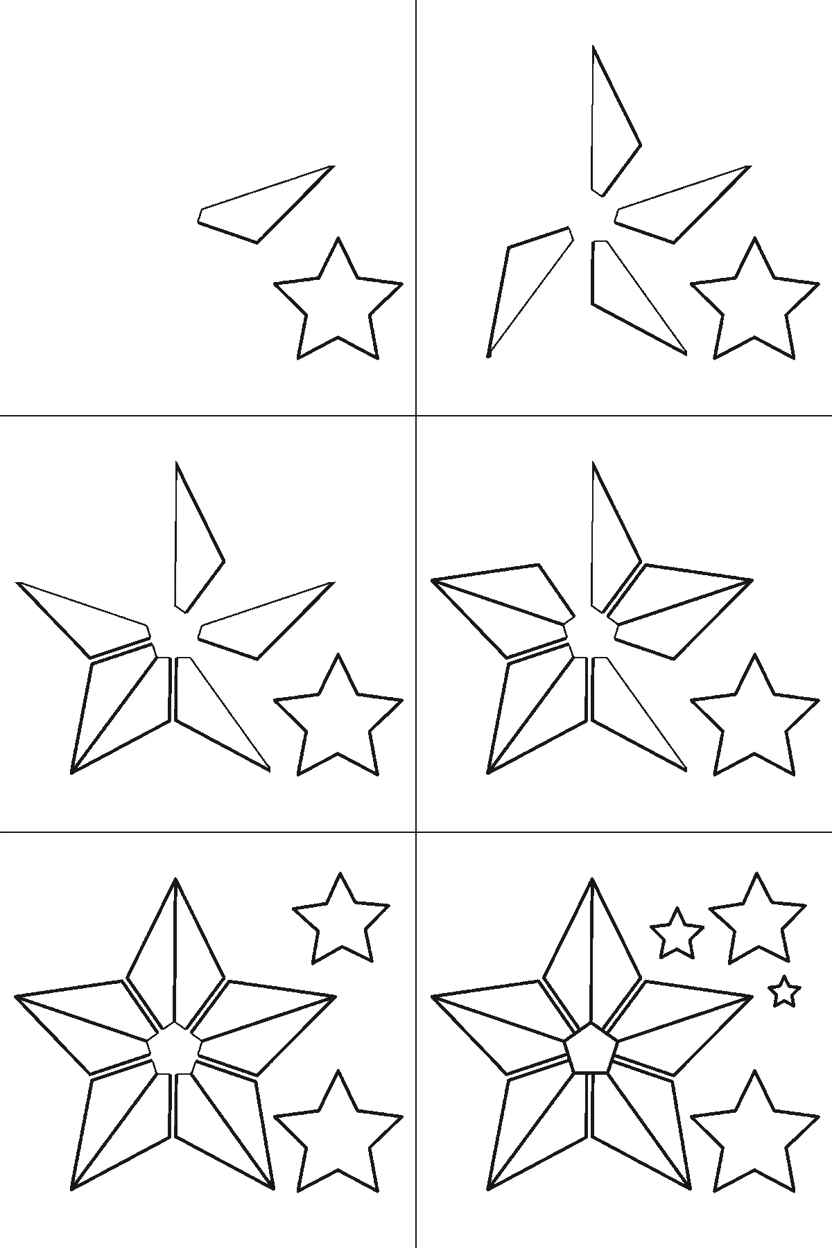 Scheda di disegno passo passo: una grande stella a cinque punte con la superficie divisa in cinque pannelli triangolari attorno a un piccolo pentagono centrale, accompagnata da quattro stelle più piccole di dimensioni diverse, contorni neri su bianco.