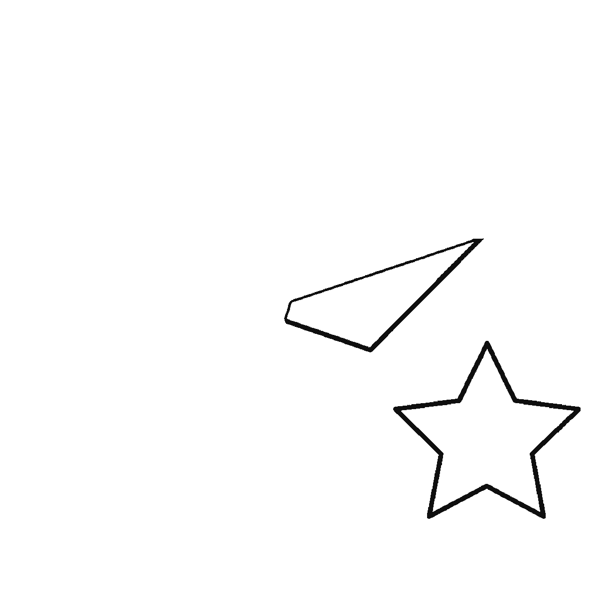 Passo 1 di 6: Scheda di disegno passo passo: una grande stella a cinque punte con la superficie divisa in cinque pannelli triangolari attorno a un piccolo pentagono centrale, accompagnata da quattro stelle più piccole di dimensioni diverse, contorni neri su bianco.