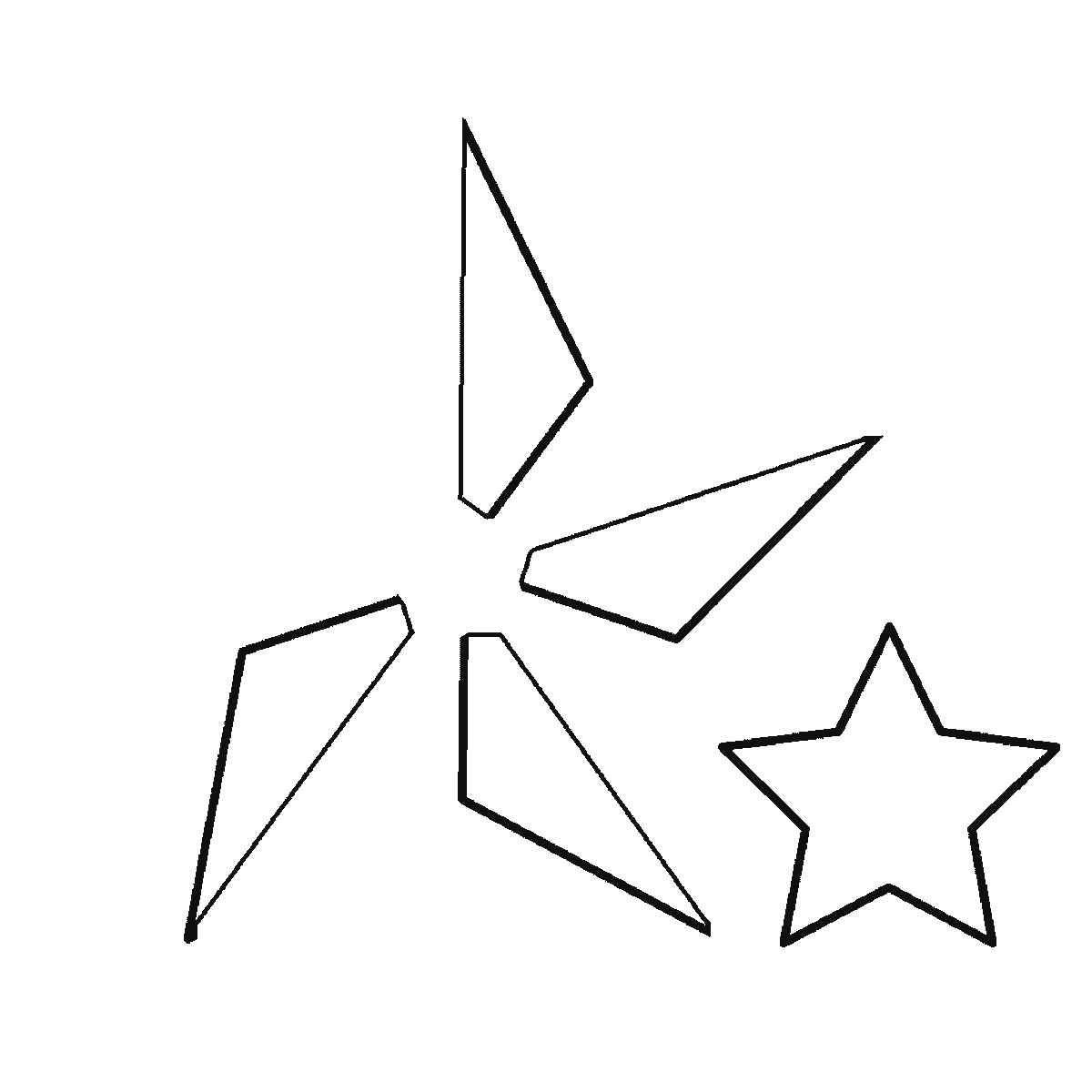 Passo 2 di 6: Scheda di disegno passo passo: una grande stella a cinque punte con la superficie divisa in cinque pannelli triangolari attorno a un piccolo pentagono centrale, accompagnata da quattro stelle più piccole di dimensioni diverse, contorni neri su bianco.