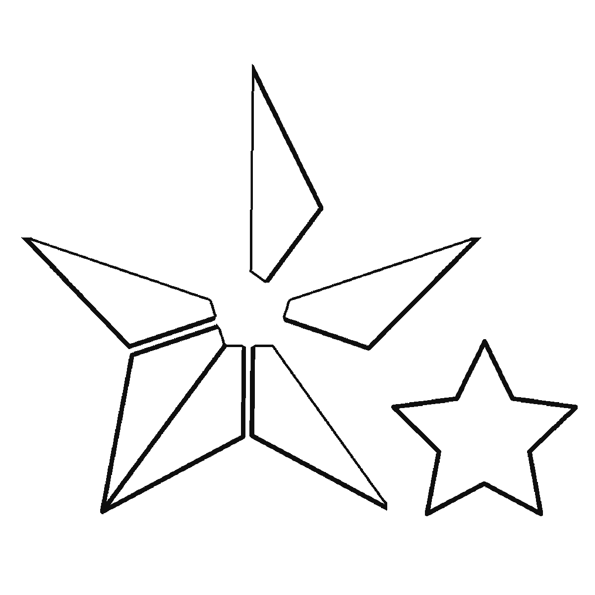 Passo 3 di 6: Scheda di disegno passo passo: una grande stella a cinque punte con la superficie divisa in cinque pannelli triangolari attorno a un piccolo pentagono centrale, accompagnata da quattro stelle più piccole di dimensioni diverse, contorni neri su bianco.