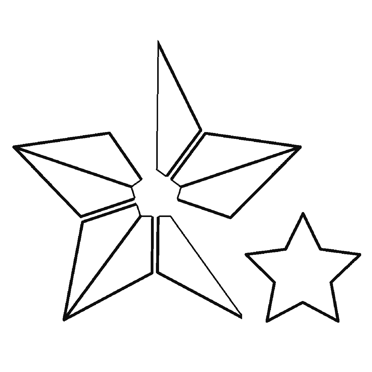 Passo 4 di 6: Scheda di disegno passo passo: una grande stella a cinque punte con la superficie divisa in cinque pannelli triangolari attorno a un piccolo pentagono centrale, accompagnata da quattro stelle più piccole di dimensioni diverse, contorni neri su bianco.