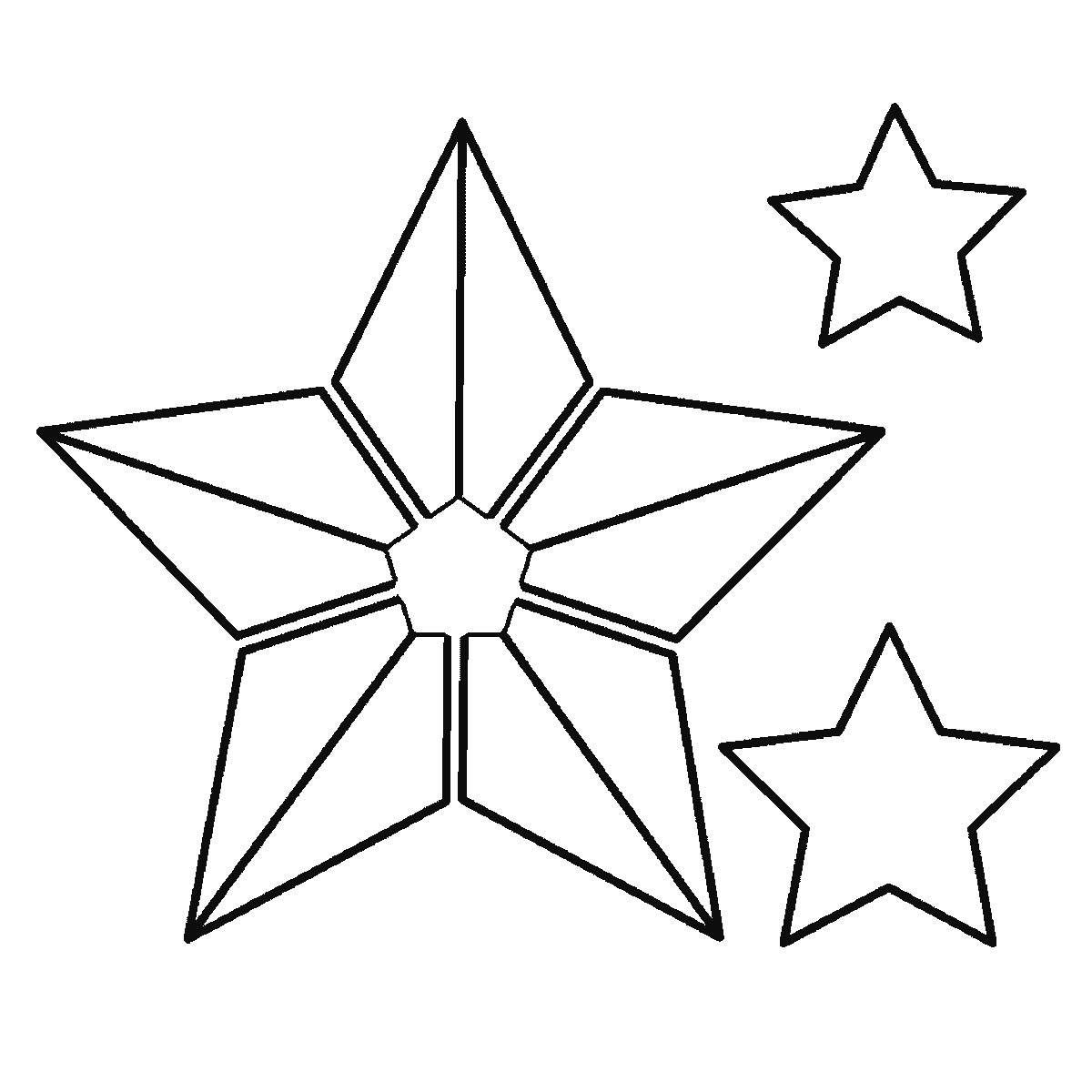 Passo 5 di 6: Scheda di disegno passo passo: una grande stella a cinque punte con la superficie divisa in cinque pannelli triangolari attorno a un piccolo pentagono centrale, accompagnata da quattro stelle più piccole di dimensioni diverse, contorni neri su bianco.