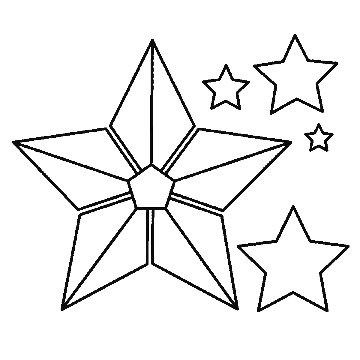 Passo 6 di 6: Scheda di disegno passo passo: una grande stella a cinque punte con la superficie divisa in cinque pannelli triangolari attorno a un piccolo pentagono centrale, accompagnata da quattro stelle più piccole di dimensioni diverse, contorni neri su bianco.
