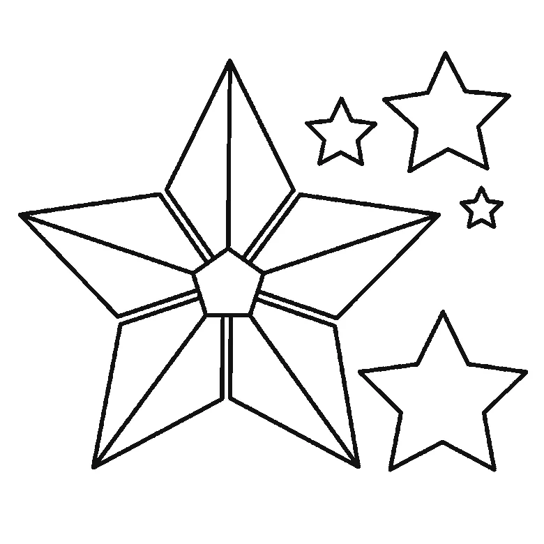 Scheda di disegno passo passo: una grande stella a cinque punte con la superficie divisa in cinque pannelli triangolari attorno a un piccolo pentagono centrale, accompagnata da quattro stelle più piccole di dimensioni diverse, contorni neri su bianco.